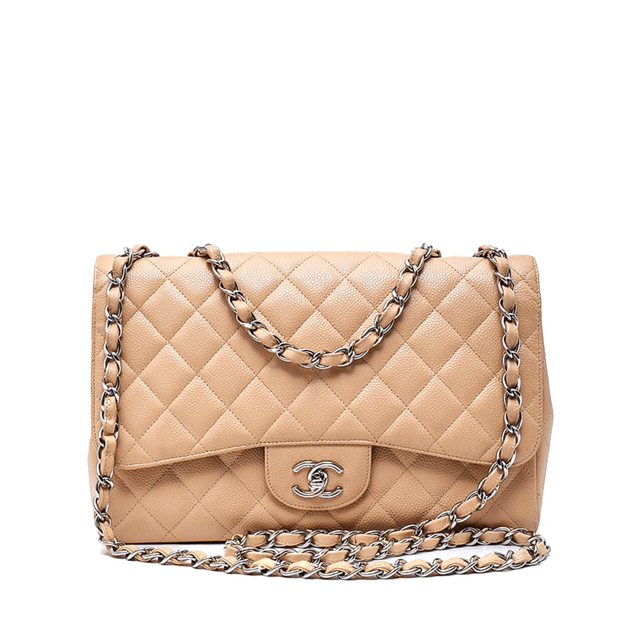 Chanel - Beige Caviar Leather Single Flap Jumbo Flap Bag